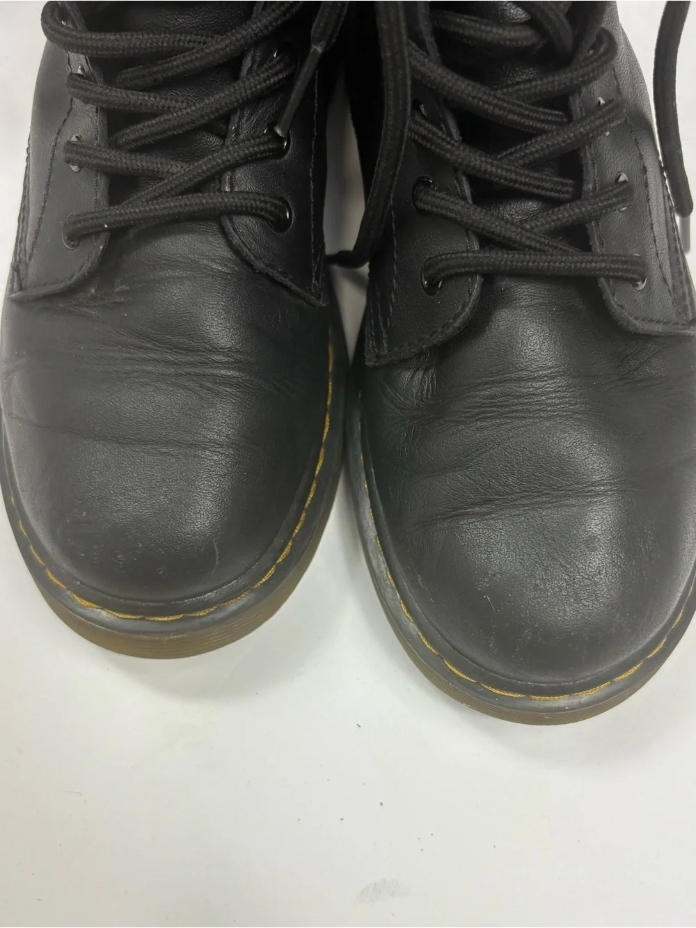Dr. Martens‎ Black Leather Lace-Up Combat Boots with Yellow Stitching